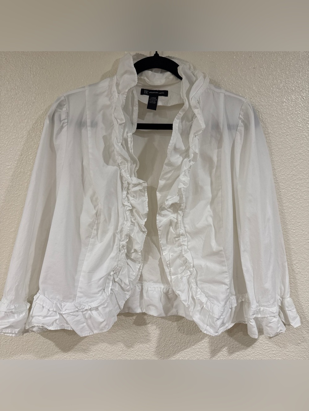 INC International Concepts White Ruffled Open Front Shrug